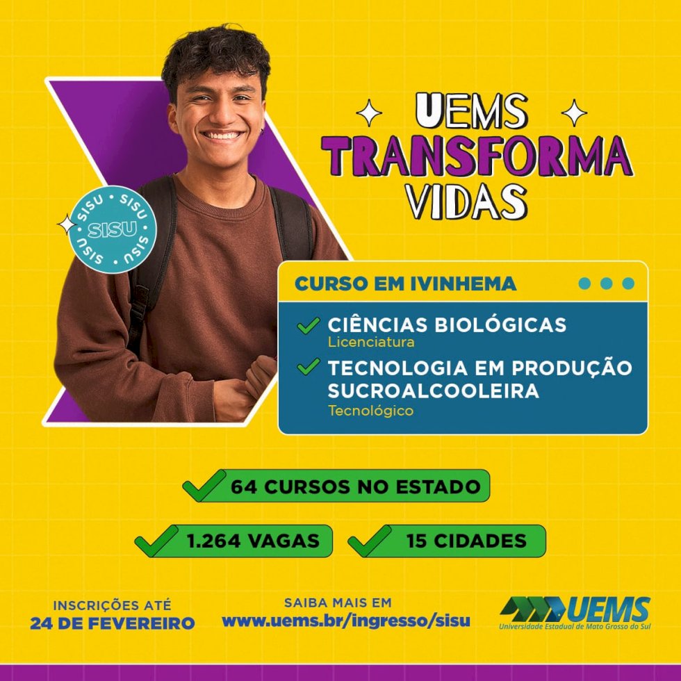 Ivinhema - Chegou a sua hora de ser UEMS, faça sua inscrição, confira os cursos disponíveis. Notas do Enem.