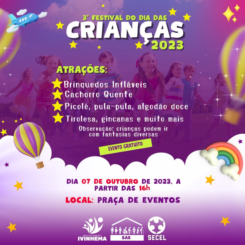Ivinhema realizará 3º Festival do dia das Crianças.