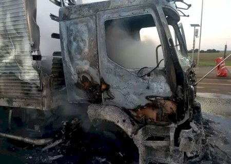 Caminhão com alimentos é destruído por fogo na MS-306