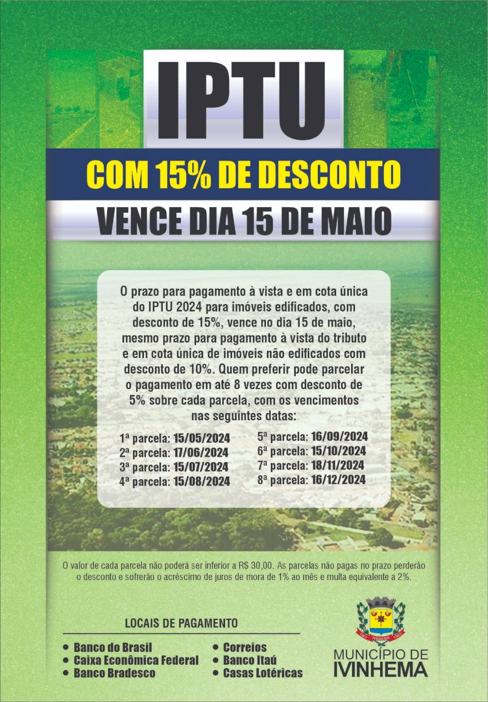 Prefeitura de Ivinhema divulga calendário para pagamento de IPTU