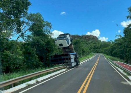 Caminhão boiadeiro tomba na MS-223 e deixa animais mortos