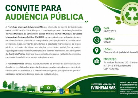 Prefeitura de Ivinhema realizará amanhã audiência Pública sobre saneamento básico